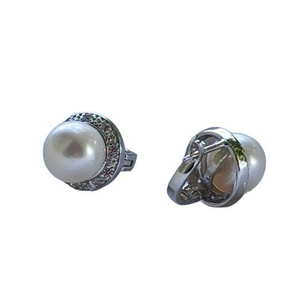 925S Sterling Silver Cultured White‎ Button Freshwater Pearl Leverback Earrings - Picture 9 of 13